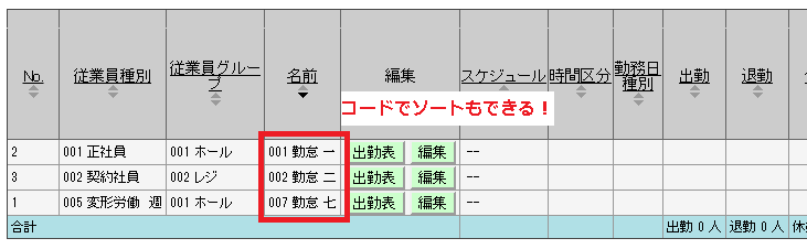 氏名の先頭に従業員コードを表示~ソート可
