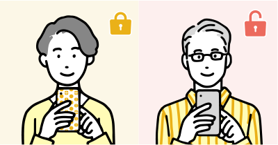 女性と男性がそれぞれにスマホ操作をしているイラスト